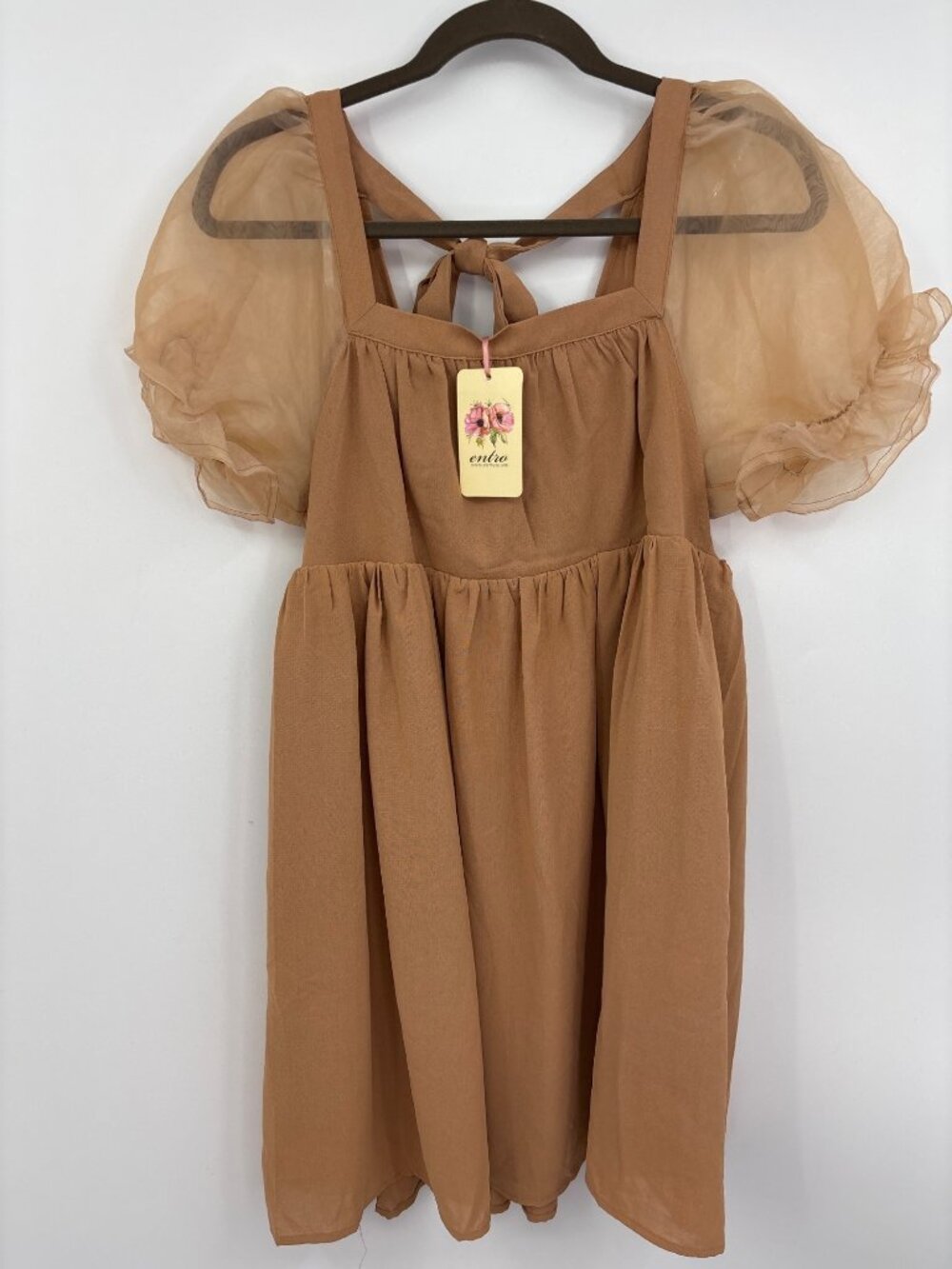 Entro Babydoll Dress Square Neckline Sheer Puff Sleeve Peach Apricot Small NEW - Picture 2 of 7